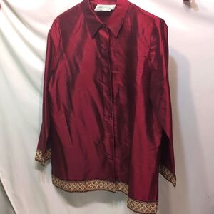 Silk Lore by Beth Terrell red 100 percent silk button up boho blouse size medium